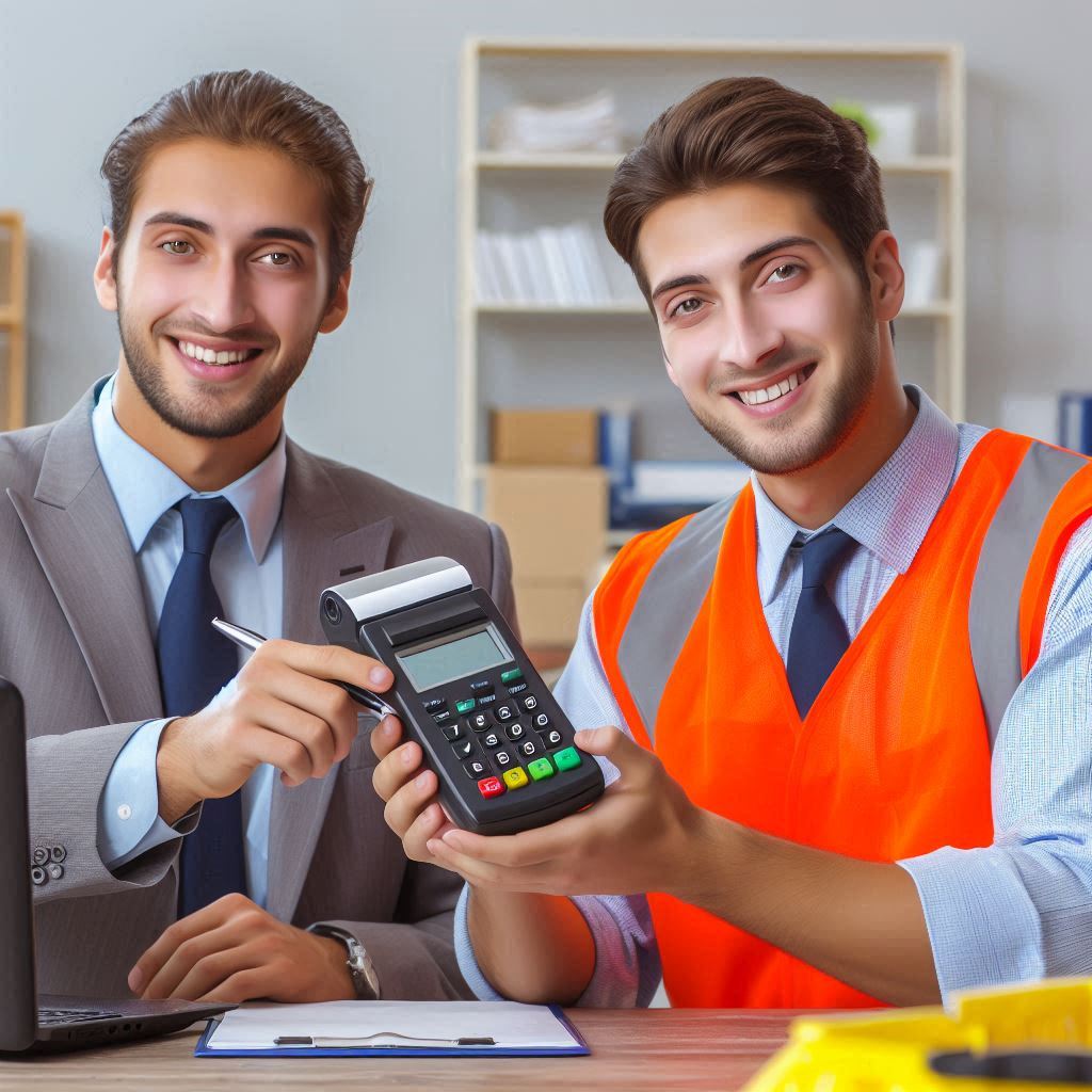 Empleados entrando a la tienda con una caja que dice Verificador de Precios