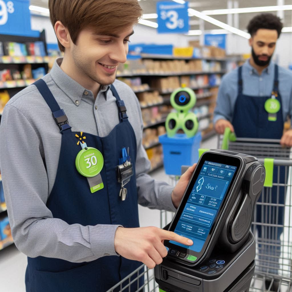 Empleados usando un verificador de precios en tienda